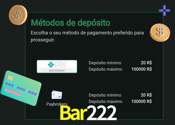 O cassino Bar222 oferece uma grande variedade de métodos de pagamento